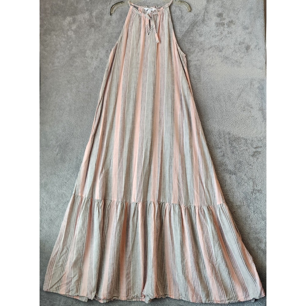 Nine West Dress Womens Small Pink Striped Halter Neck Tiered Sleeveless Maxi